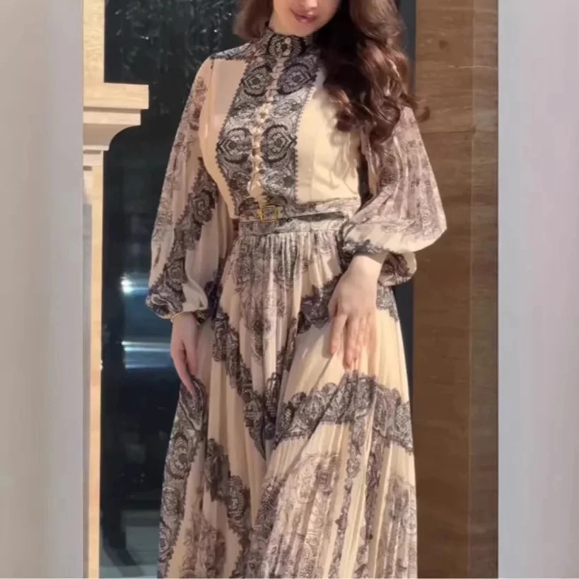 

2026 Spring New Print Long Sleeve Dress Women Waist Cinched Pleated Big Swing Temperament Long Dress