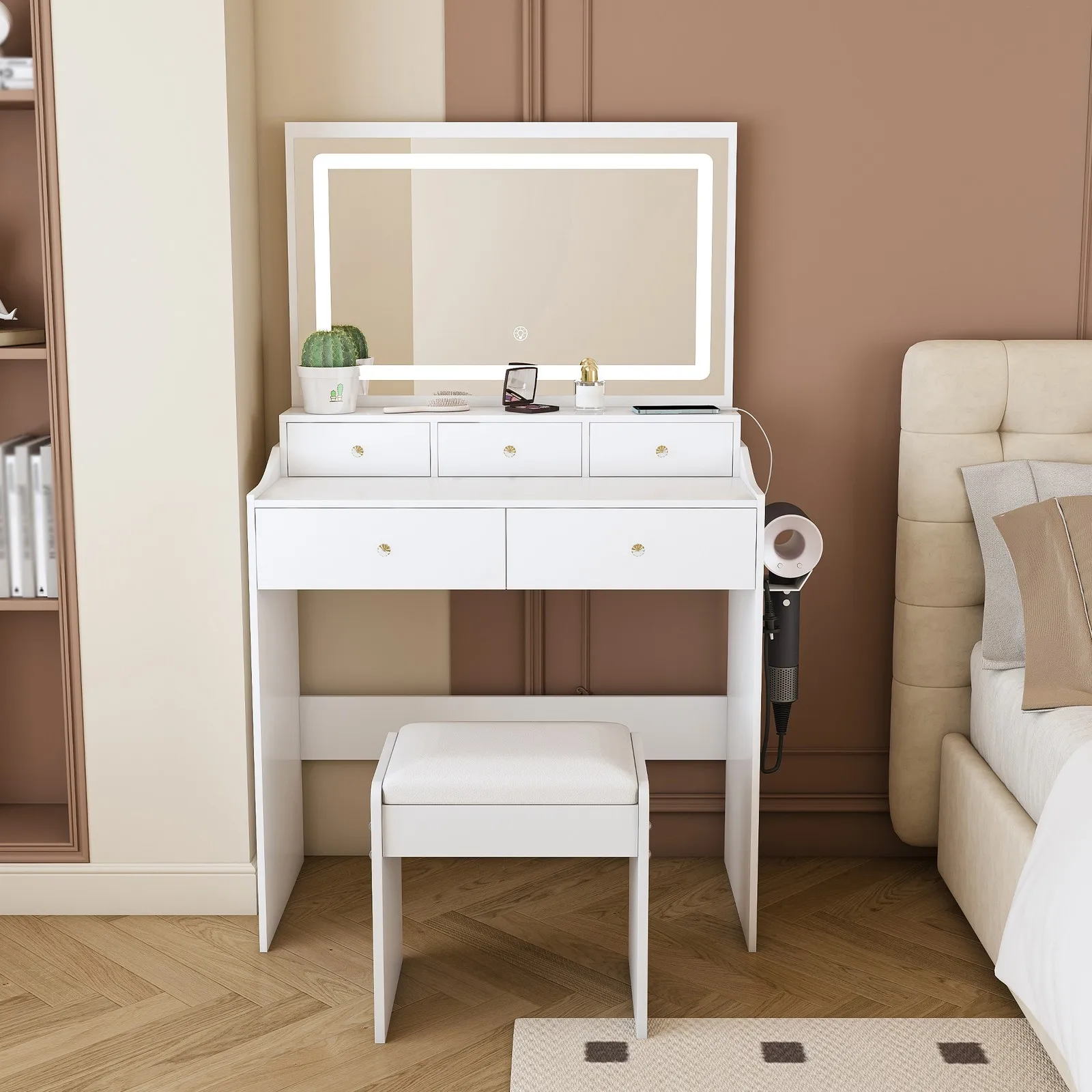 

Large Mirror Vanity Desk Makeup Vanity Set with Power Outlet 5 Drawers