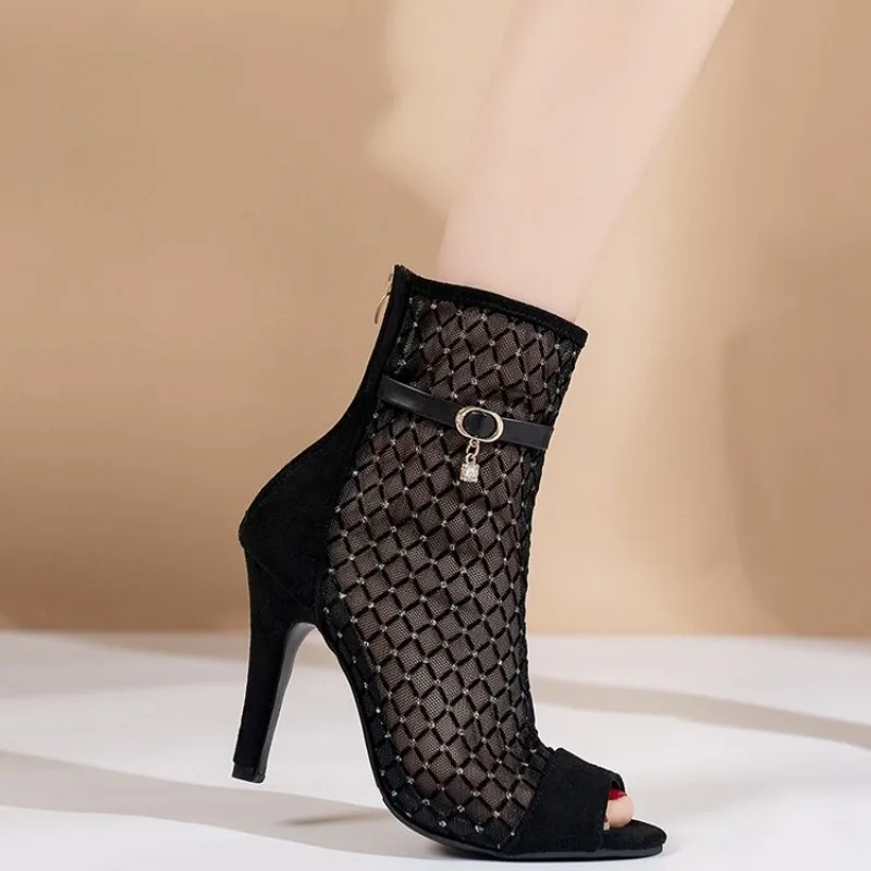 2026 Fashion Female Sandals Open Toe Suede Breathable Mesh Zipper Belt Buckle Thin High Heels  Plus Size