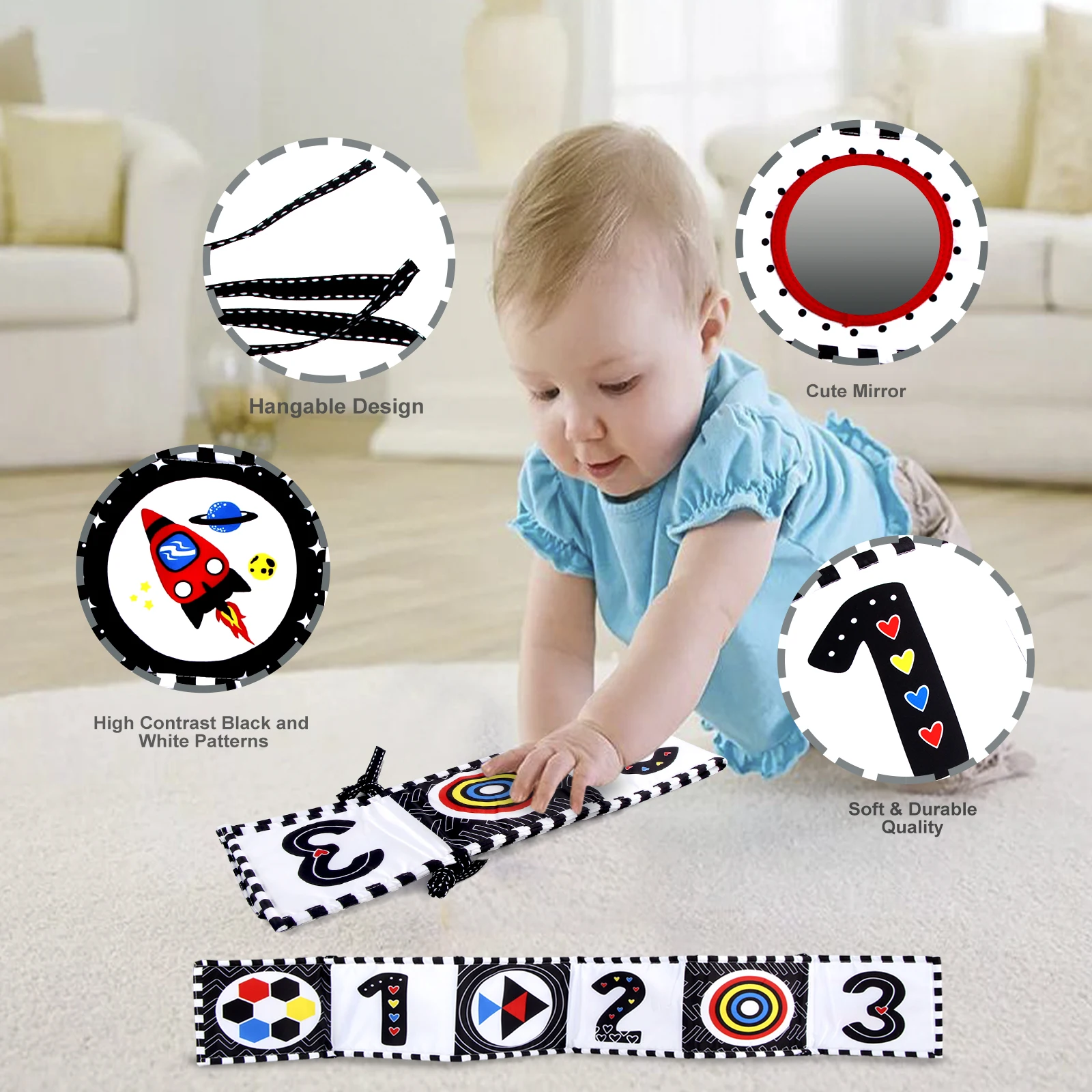 Sensory Cloth Book High Contrast Baby Toys 0-12 Months Newborn Crib Toys Black and White Animal Cloth Books Montessori Baby Book