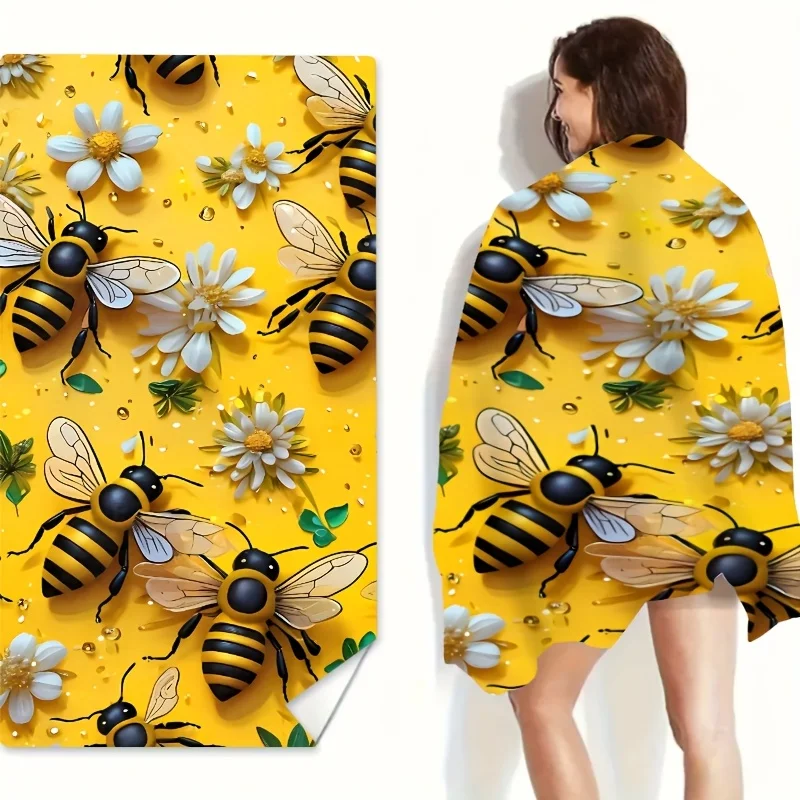 1PC Daisy Print Bee Theme Beach Towel, Summer Essential for Beach Pool Camping Yoga Travel