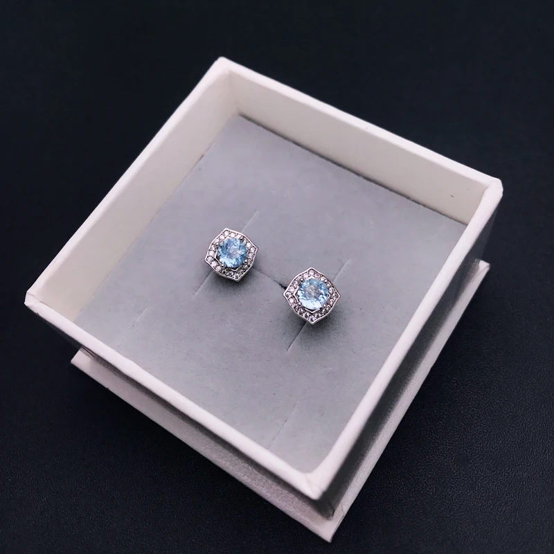 CSJ Elegant Natural Aquamarine Earrings 925 Sterling Silver Gemstone Round 5mm Jewelry for Women Wedding Party Birthday Gift