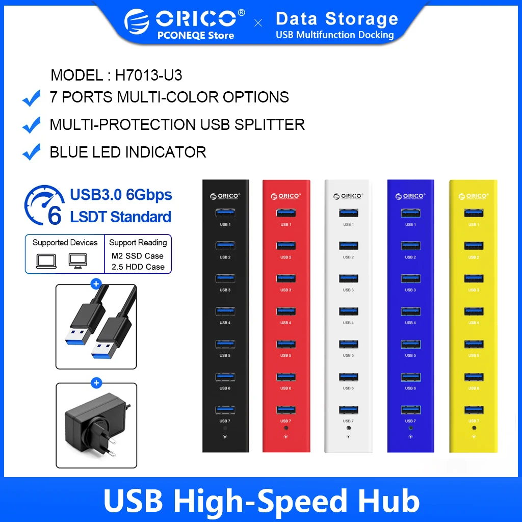 ORICO – HUB de transmission haute vitesse USB H7013-U3 USB3.0, portable avec distributeur de puissance, adapté aux ordinateurs portables de bureau