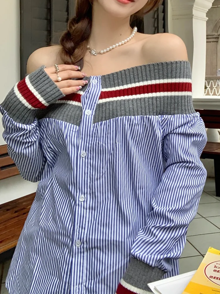 Women's Blue Autumn New Spicy Girl Off Shoulder Sexy High Level Design Sense Korean Striped Long Sleeve One Line Neck Shirt Top