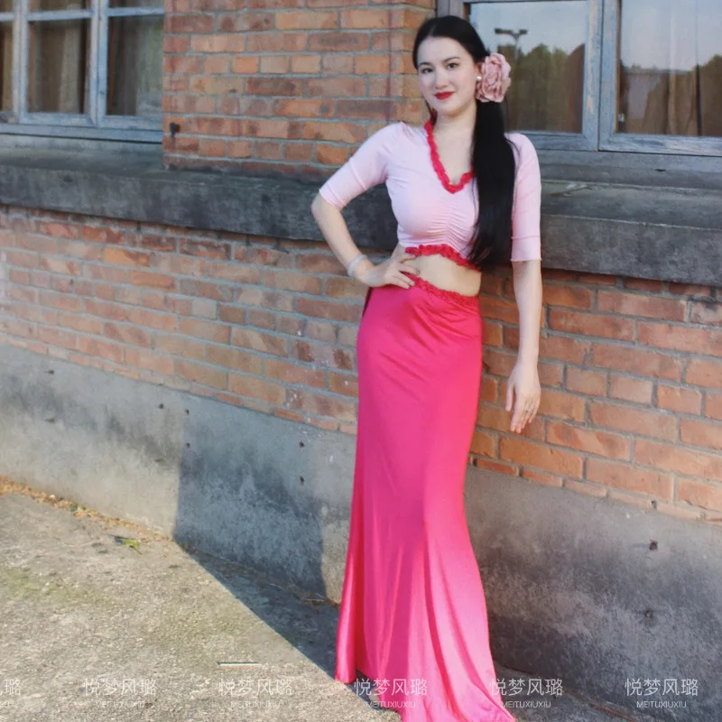 Customized Belly Dance Costumes New Set Performance Dress Class Clothes Sexy Temperament Practice Dress Pink Fish Tail Skirt