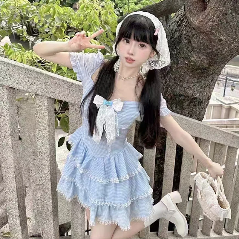 

Women 2025 Summer New Sweet Ruffle Plaid Slim Mini Dress Kawai Lolita Dress