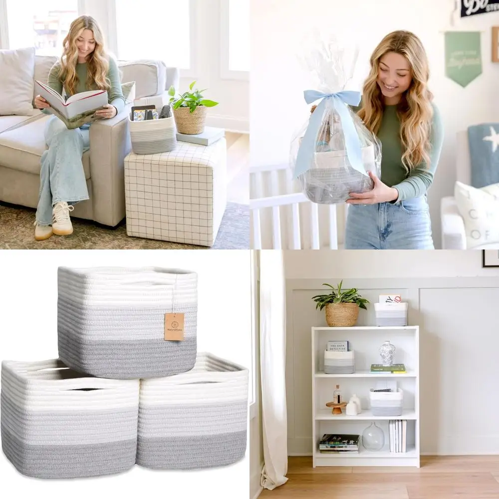 

Storage Cubes 9”x9”x7”Cotton Rope Woven Baskets for Organizing 3-Pack | 9 Inch Cube Storage Bin | Small Basket for Shelf Nursery