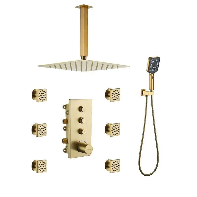 

3-Function 12-Inch Ceiling-Mounted Thermostatic Shower System in Brushed Gold with Square Showerhead and Adjustable Features