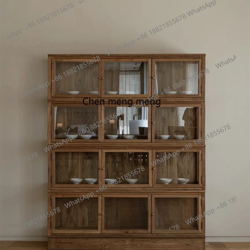 

Medieval style solid wood cabinet study combination bookcase wabi wind living room whole wall shelf
