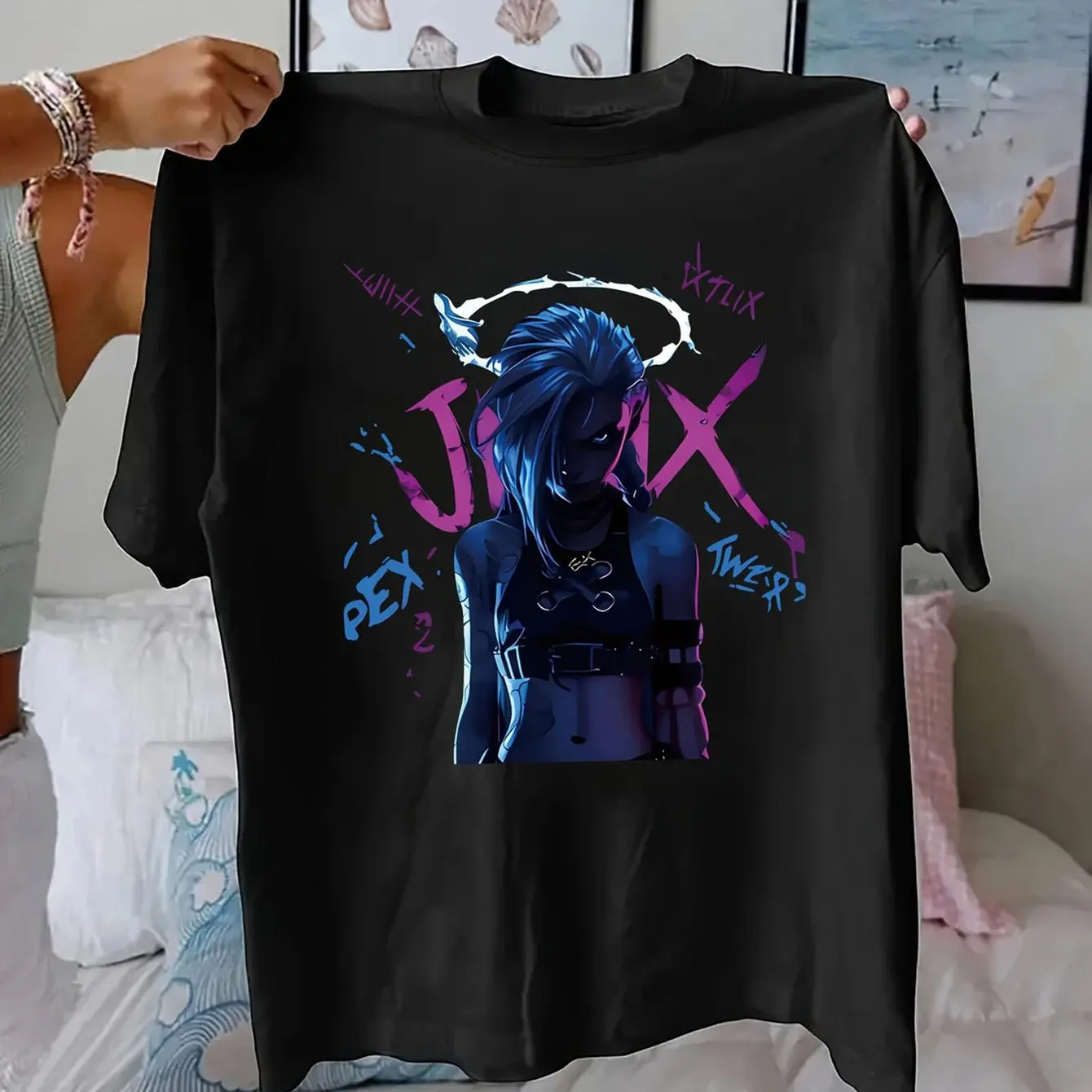 

Jinx Character T-Shirt Cartoon Style with Neon Colors Suitable for Anime and Game Fans Holiday Gift Fashion Casual Versatile