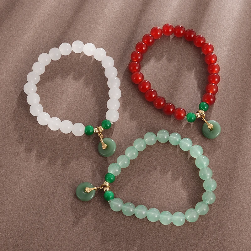 Classic Imitation White Jade Stone Beaded Peace Jade Pendant Tricolor Bracelet for Women Chinese Ethnic Style Bracelets Jewelry