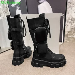 Black Package Design Thick Sole Boots For Female Women Luxury Round Toe Lace-up Mid-calf Handmade Fashion Solid All-match Shoes