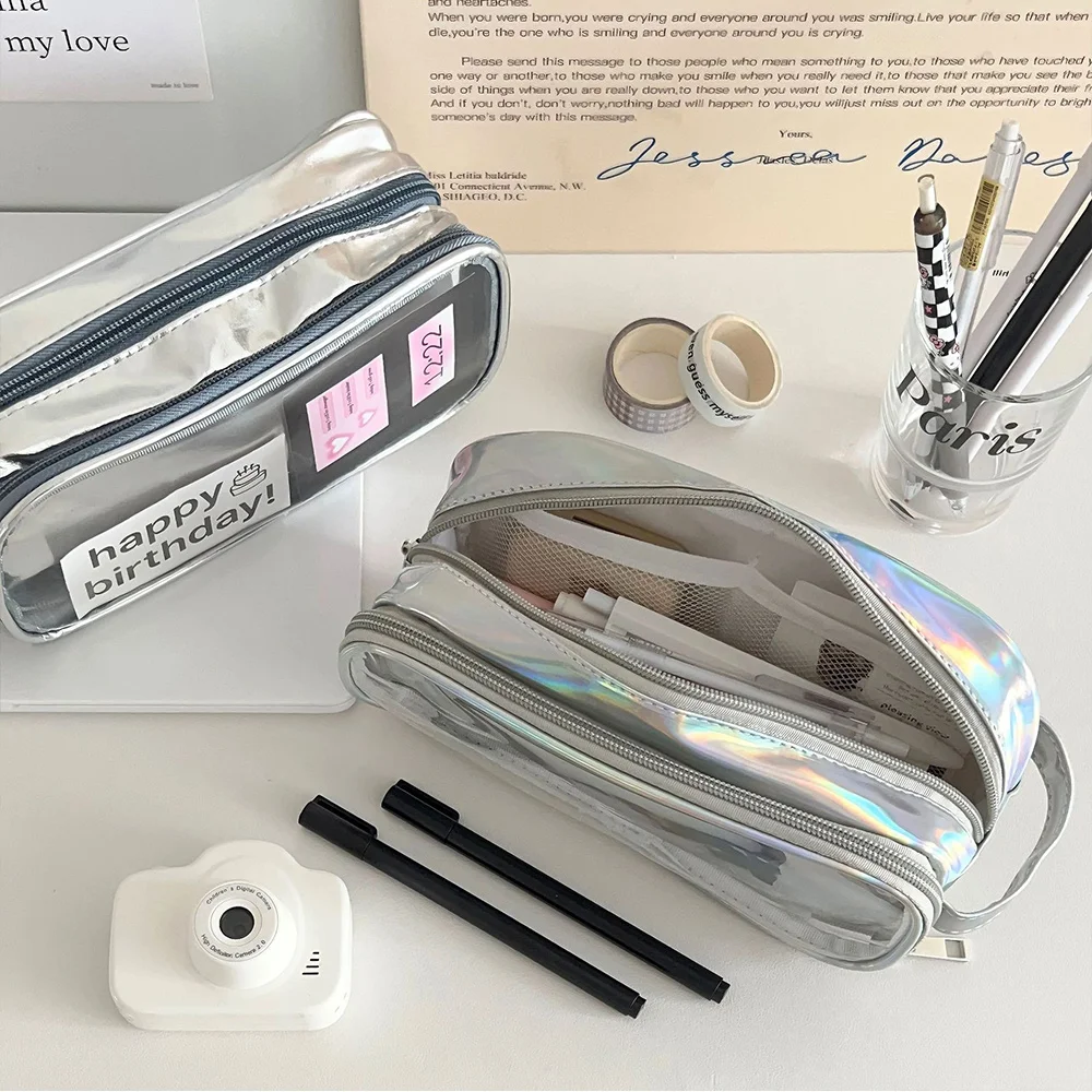 

INS Silver Transparent Pencil Case DIY Large Capacity Multi-Layer Organizer Cosmetic Bag Female Portable Travel Make Up Case