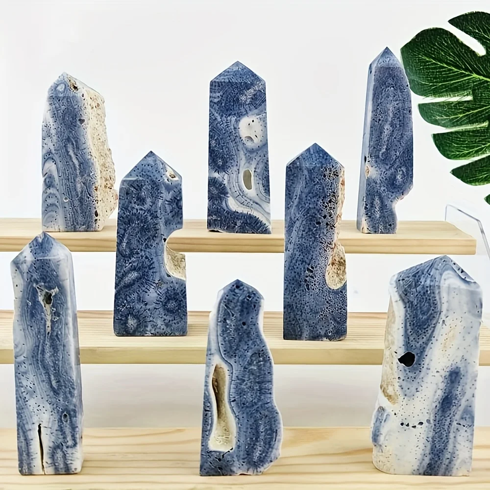 1 Stück natürliche blaue Korallenkristallsäule – Natursteinsäule mit marmorähnlicher Basis, elegantes Tischdekoration in tiefem Blau