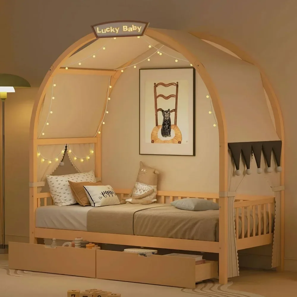 Twin Bed with Storage Drawers and Light, Twin Size Platform Tent Bed with Curtain, Wood Montessori Bed Frame with Roof Kids