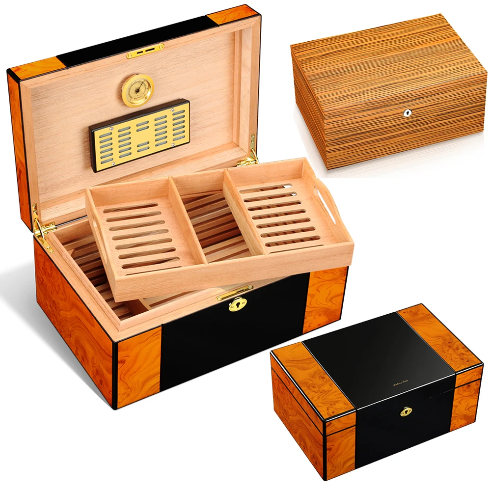 

Home Cigar Humidor Box Glossy Spainsh Cedar Wood Lined W/ Hygrometer Humidifier Humidor De Puros Box Fit 80-100 Cigars