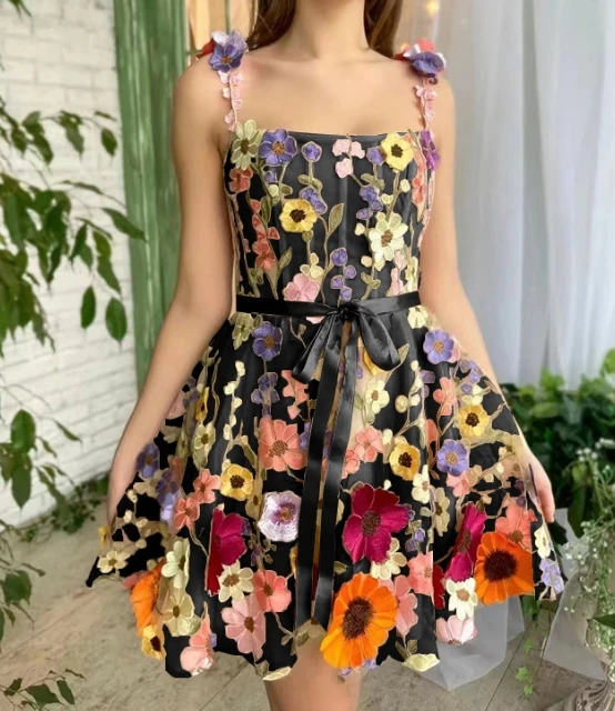 Hot Selling 2024 A-Line Skirt for Women Solid Color Round Neck Sleeveless Mid Waist 3D Flower Embroidered Sexy Dress