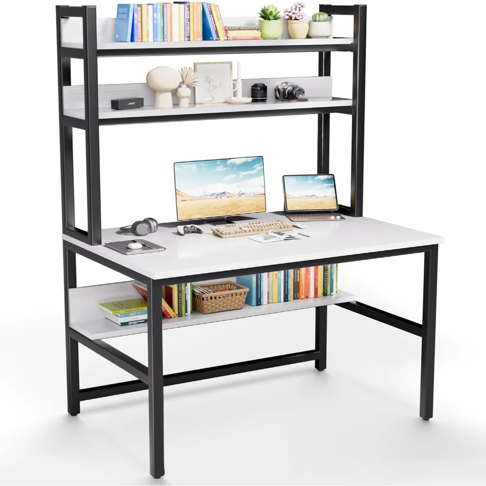 Computer Desk with Hutch and Bookshelf, 47 inch Wide White Home Office Desk with 3 Tier Storage Shelves