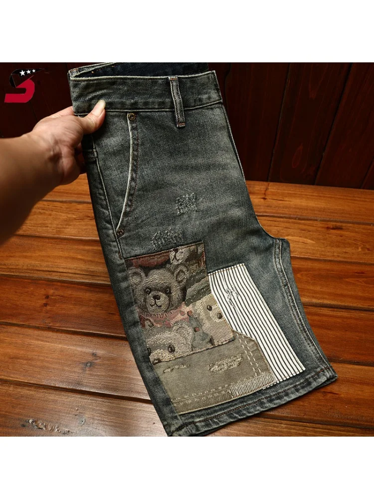 2024summer high-end patch embroidery denim shorts for men stretch fashion slim-fit trendy Korean casual cropped pants