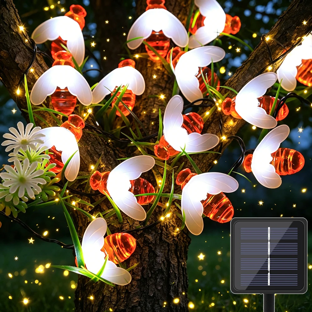 

New Solar Powered Cute Honey Bee Led String Fairy Light Bee Outdoor Garden Fence Patio Christmas Garland Lights
