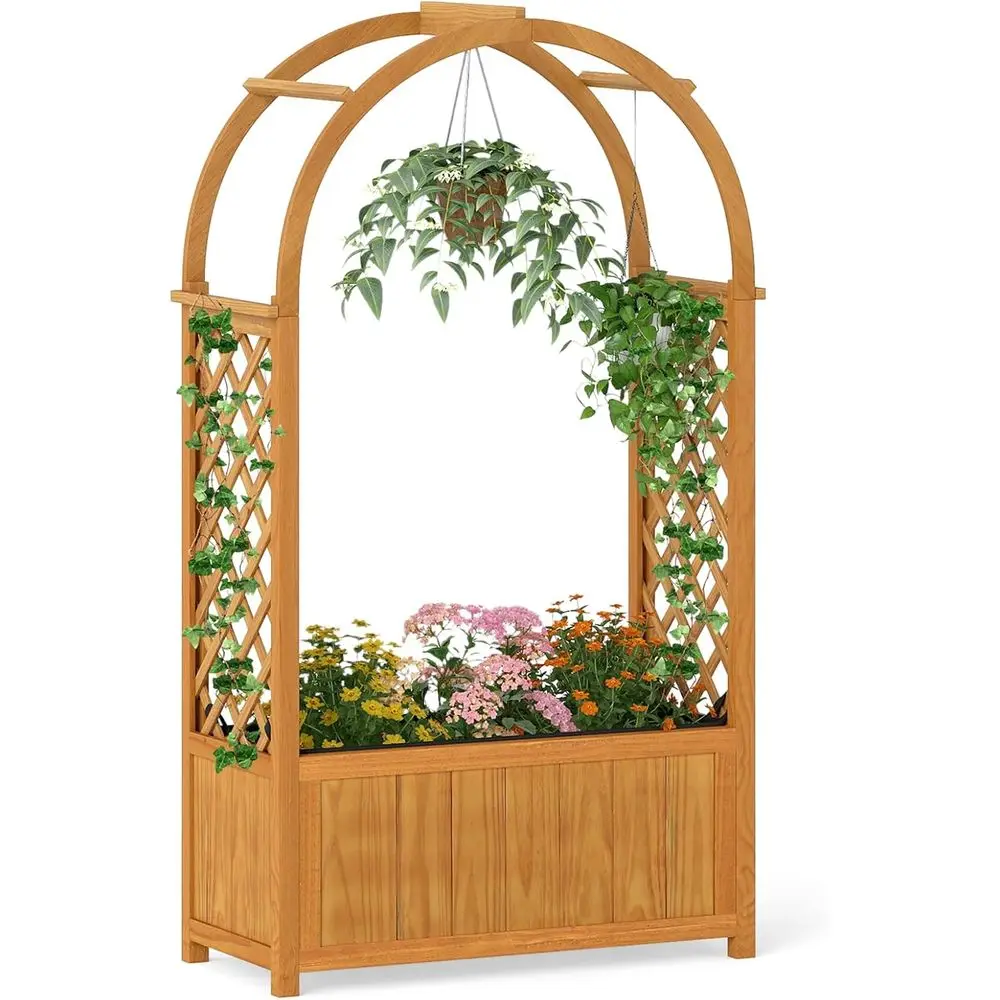 

Elevated Garden Bed with Arched Lattice, Climbing Vine Vegetables, Wooden Planter with Liner & Drainage, Outdoor Balcony Planter