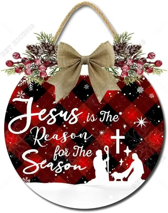 Jesus Is The Reason for The Season Sign Christmas Wooden Welcome Hanging Door Wreath Xmas Decorations for Front Door Home 12in