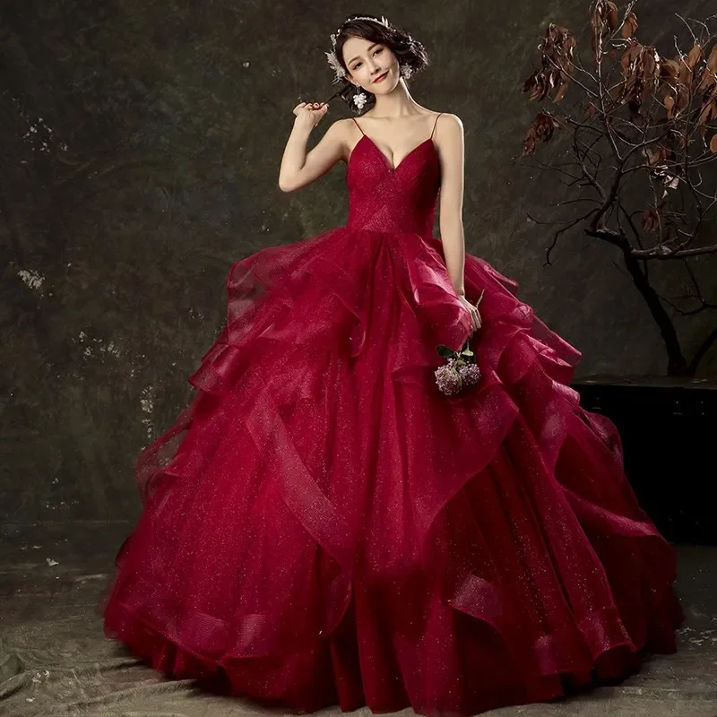 

Wine Red Princess Quinceanera Dresses Spagehtti Straps Puffy Ruffles Layered Sweet Ball Gown Vestidos De 15 Anos Quinceanera