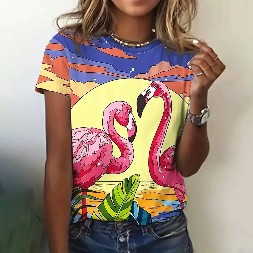 2024 Summer Women 3D Pink Flamingo Print T-Shirt Fashion Trend Tops Tees Ladies Casual Stylish Short Sleeve Clothing Streetwear