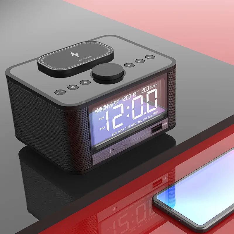 Digital Alarm Clock Radio, Bedside Wireless QI Charging, Bluetooth Speaker With EU/UK/US Plug