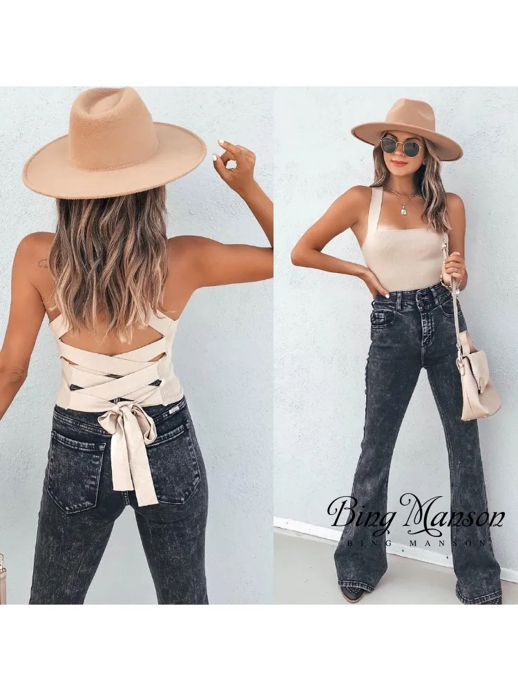 

Autumn Women's Vintage Flare Jeans Casual Pants High Waist Denim Jeans Women's Sexy Fashion Elastic Pocket Pants Wide Leg Jeans