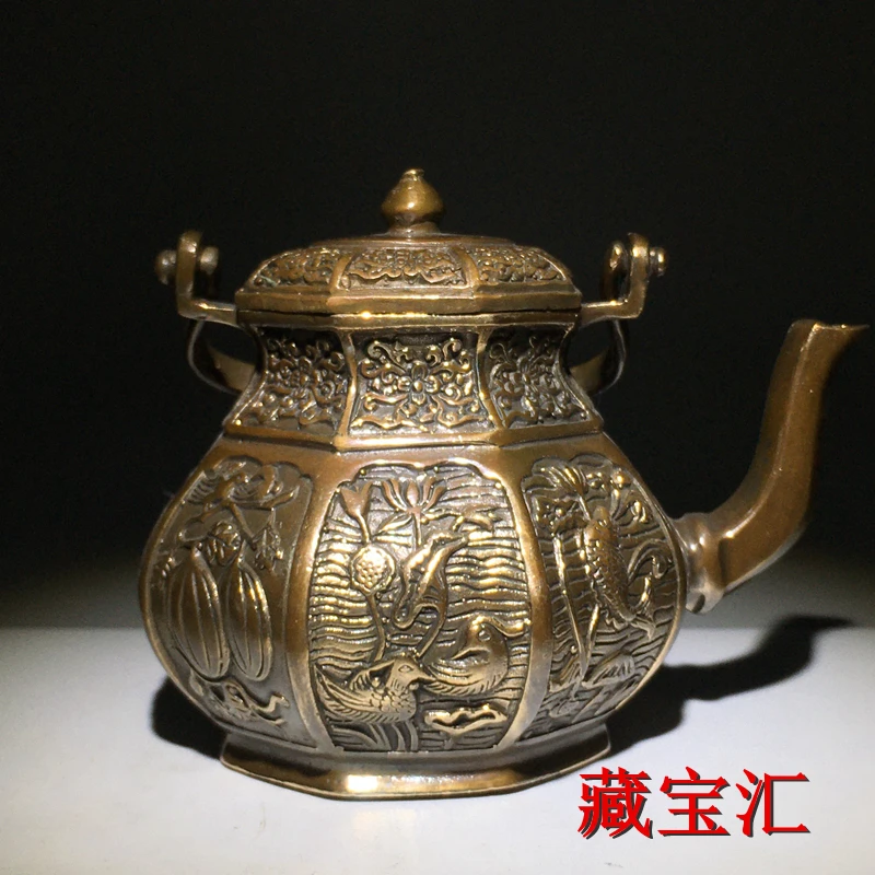 Old objects Xuande old-fashioned copper jug pure  eight treasures and eight treasures into  money teapot kettle