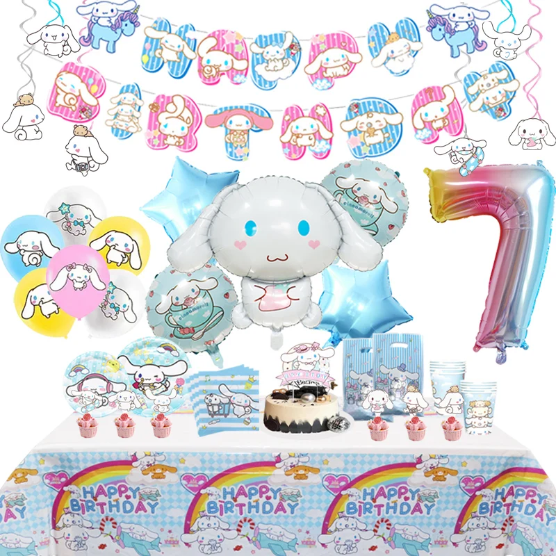 Cinnamoroll Birthday Party Decoration Sanrio Dog Aluminum Foil Balloon Kid Event Supplies Disposable Tableware Banner Backdrop