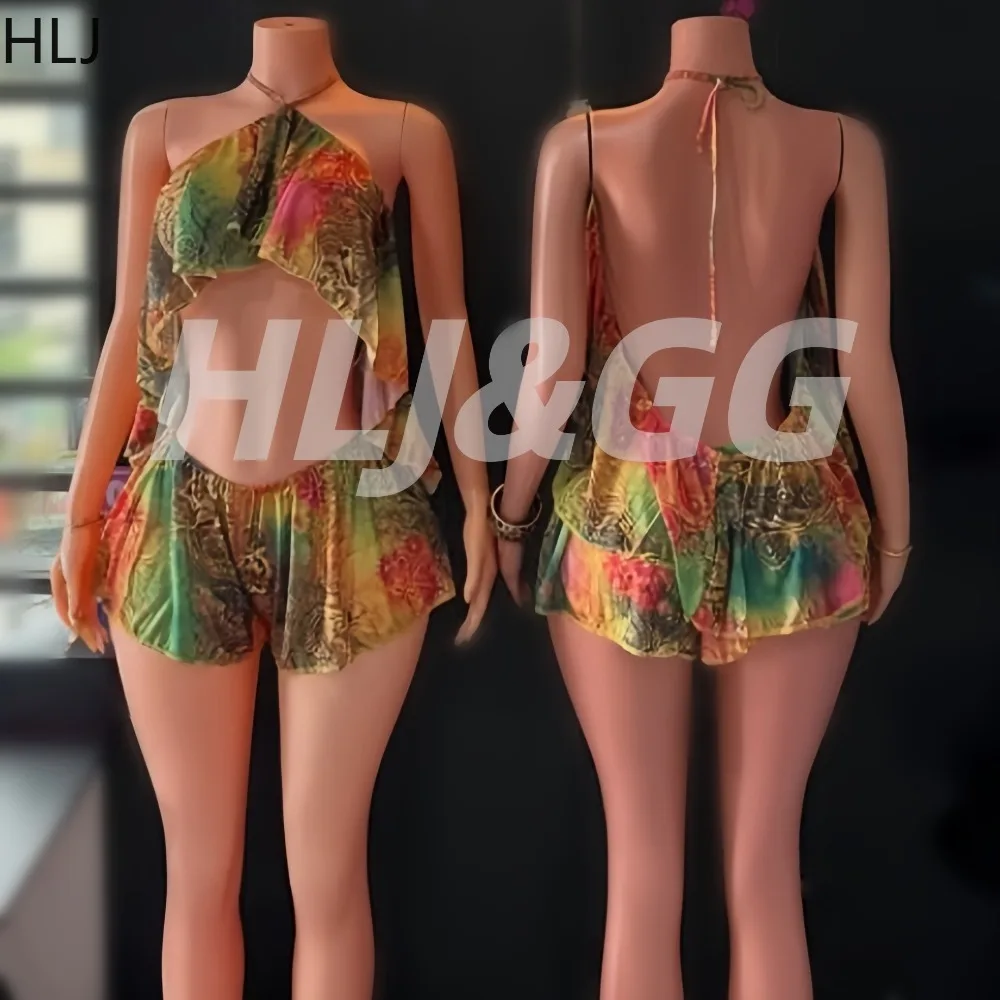 

HLJ Sexy Boho Tie Dye Patchwork 2 Piece Set Women Halter Sleeveless Backless Crop Top + Shorts Set Summer Beach Vacation Outfit
