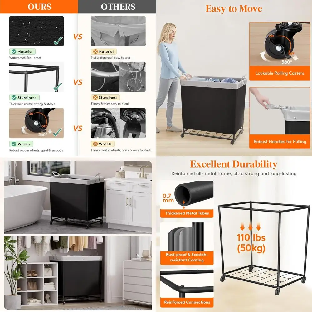 

Large Heavy-Duty Rolling Laundry Basket with Wheels and Handles, Ideal for Home, Dorm, and Hotel Use, Black