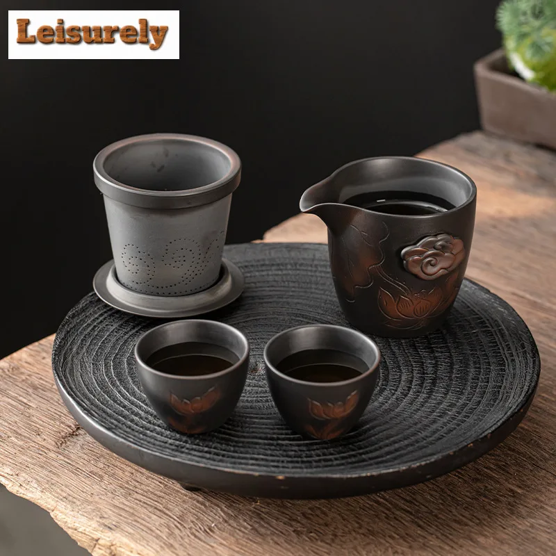 Chinese Qingxi Purple Pottery Lotus Tea Set Kit Aesthetic 1 Pot 2 Cups Tea Making Organizer Tea Ceremony Accessories Decoration