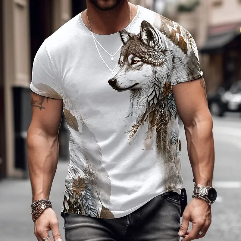 Animal Wolf Print Men's T-shirt Summer O-neck Loose Short Sleeve Tops Male Cool Casual Sweatshirt Daily Cheap Streetwear Tees