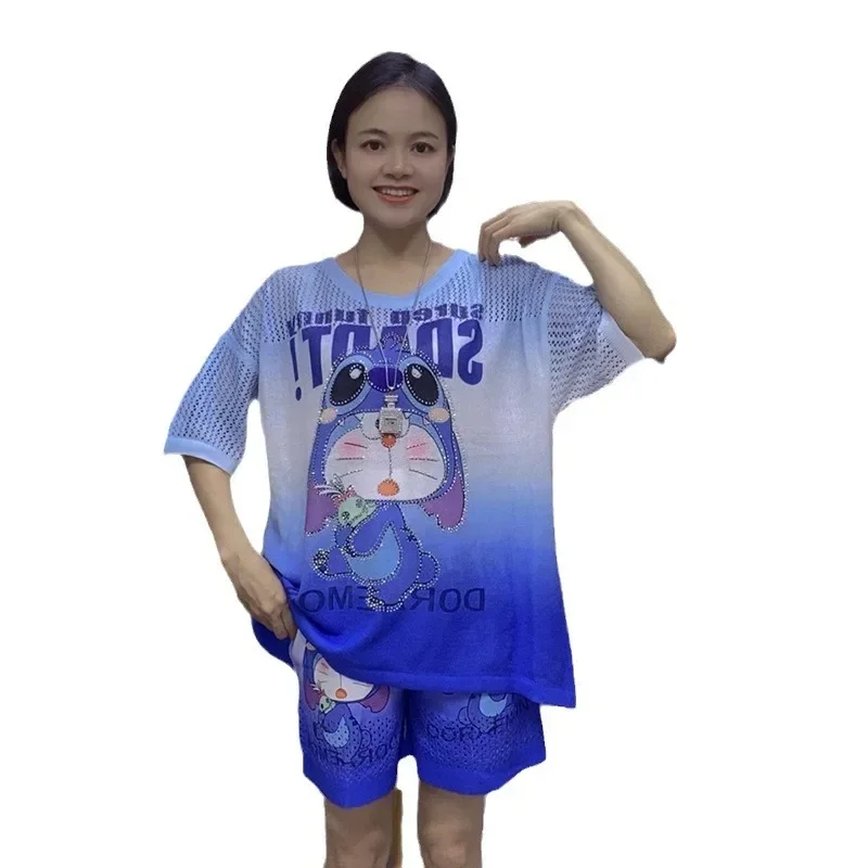 2024 2 Piece Sets Womens Outfits Cartoon Pattern Diamonds Tracksuit Hollow Out Short Sete Casual Knitting Костюм Женский Летний