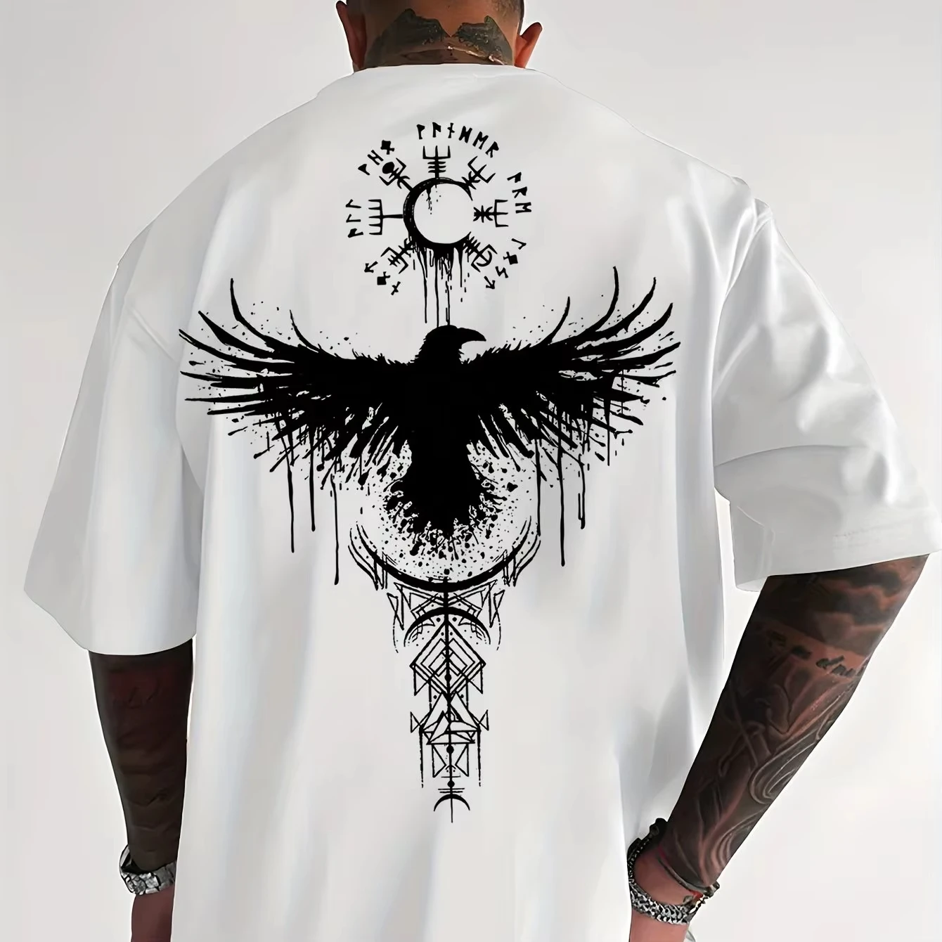 Men Raven Totem Graphic T-Shirt Breathable Summer Streetwear Tee with Geometric Tribal Print Light Yellow Casual Outdoor Shirt
