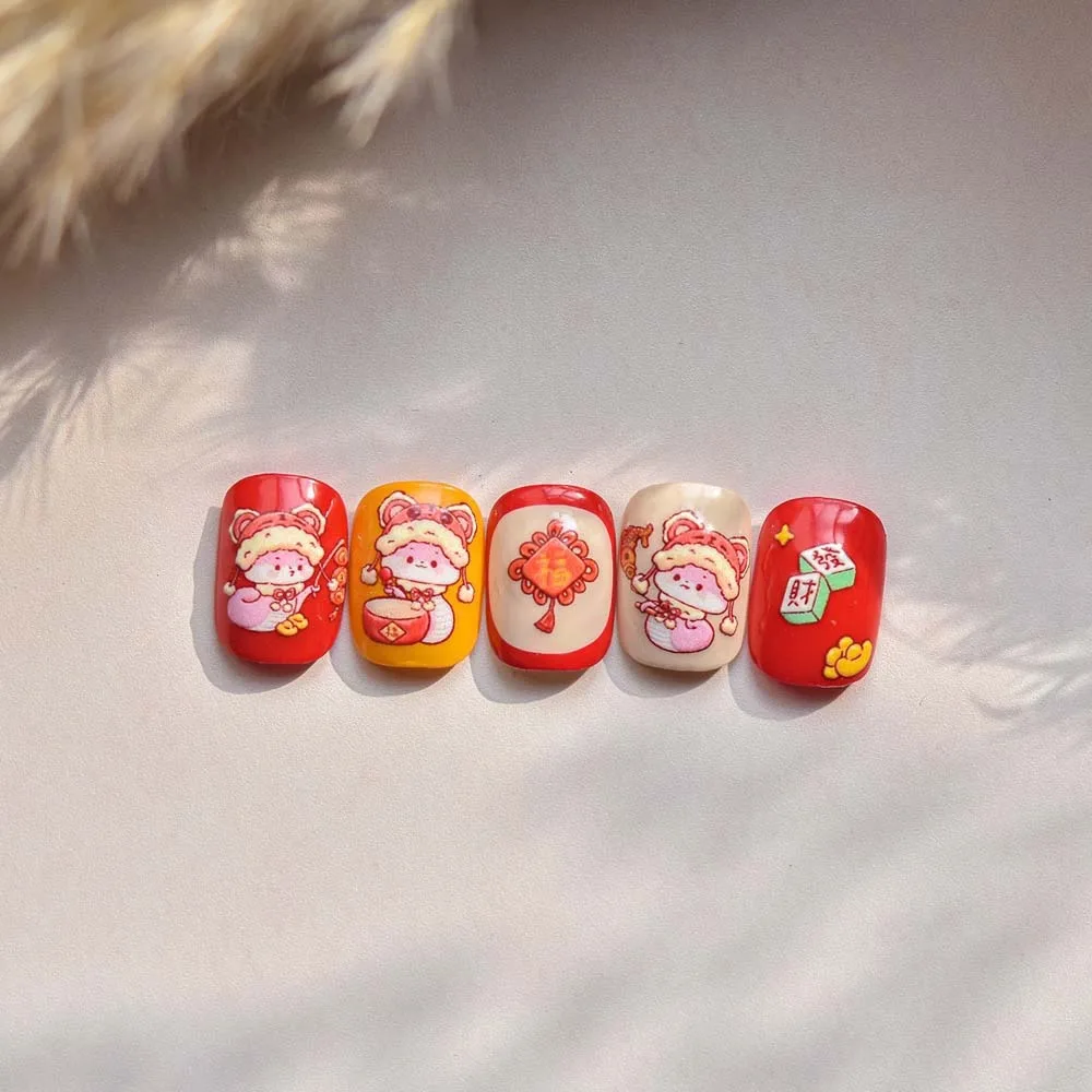 Nail Accessories Chinese New Year Nail Sticker Peony Flower Chinese Character New Year Snake Nail Decal 3D Pearl Bow Lion Dance