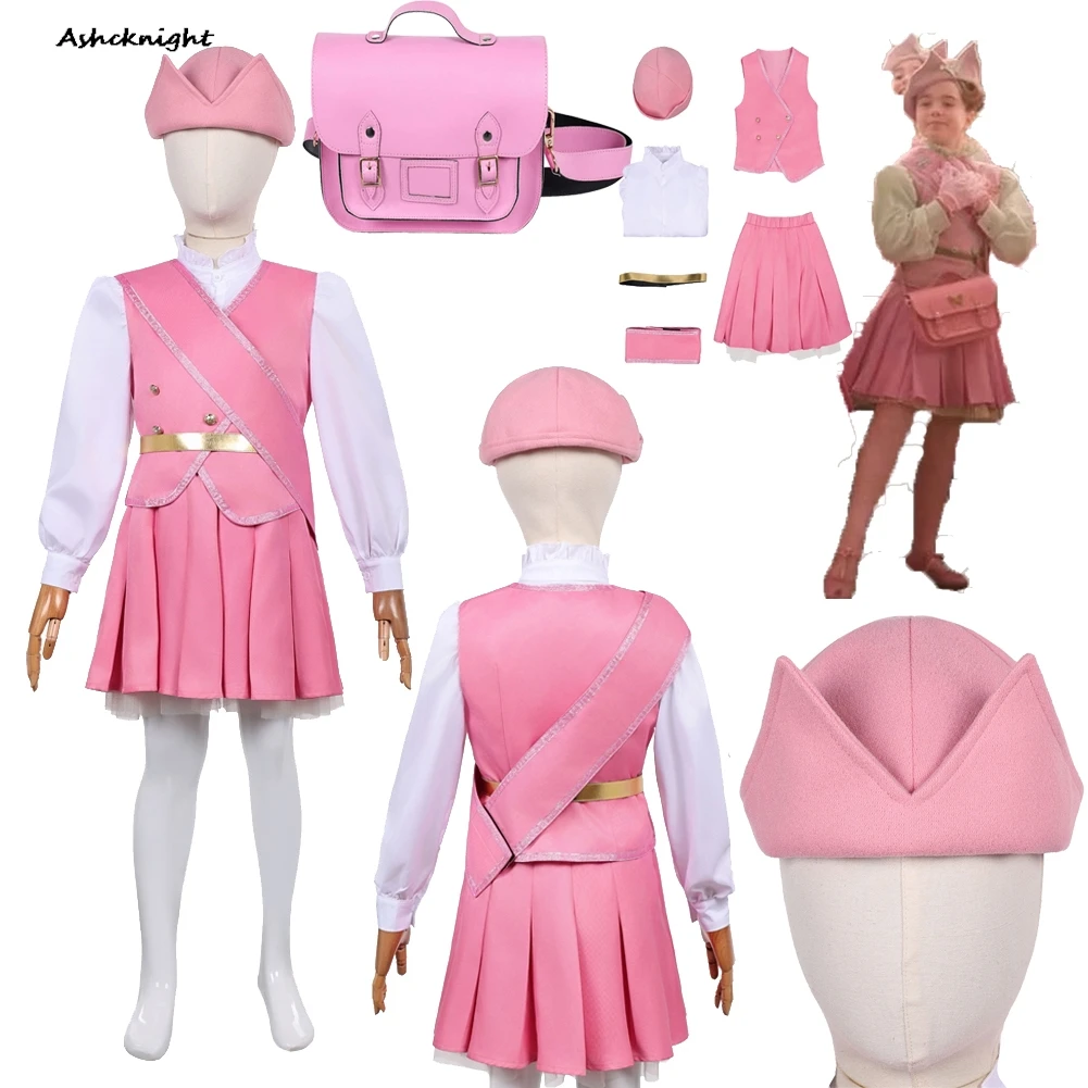Vestido de Cosplay malvado de película 2025, camisa rosa para niños, sombrero, bolsa, ropa, disfraz de fiesta, disfraz de Halloween, trajes de juego de rol de Carnaval