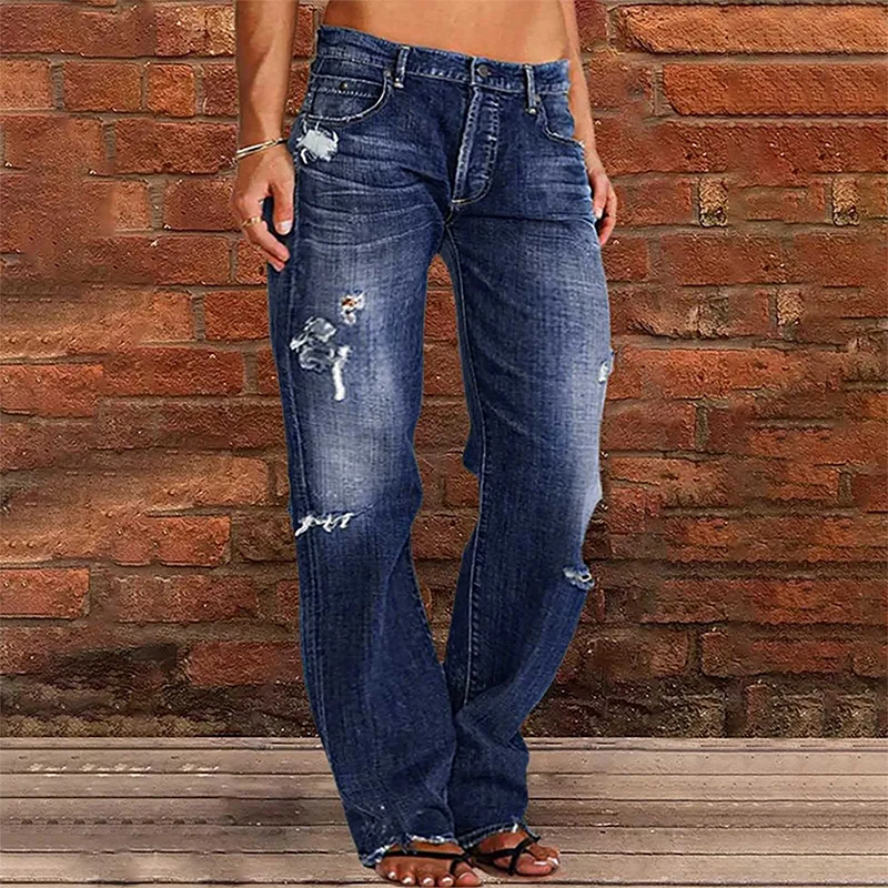 

American Retro Ripped Women Jeans Summer Trendy Distressed Mid Waist Straight Long Denim Pants Streetwear Loose Wide Leg Pants