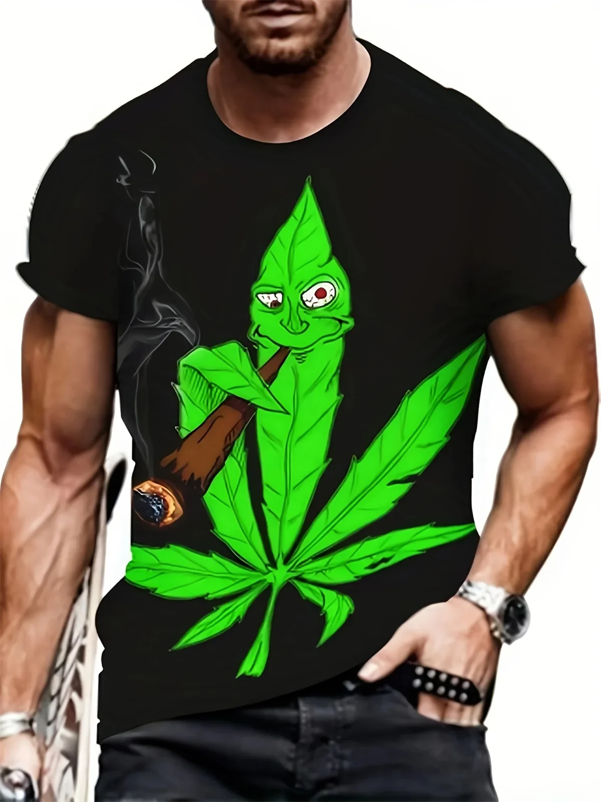 

Men's printed single new casual short-sleeved high-neck round-neck men's clothing, oversized and interesting T-shirt
