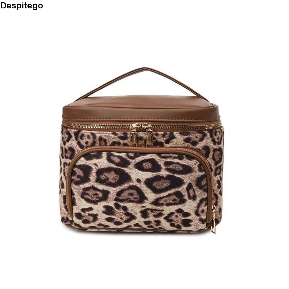 Handbag Leopard Print Cosmetic Bag Leather Large Capacity Make Up Pouch Bag Anti-splash Water Thickened Pouch for Make Up Kit