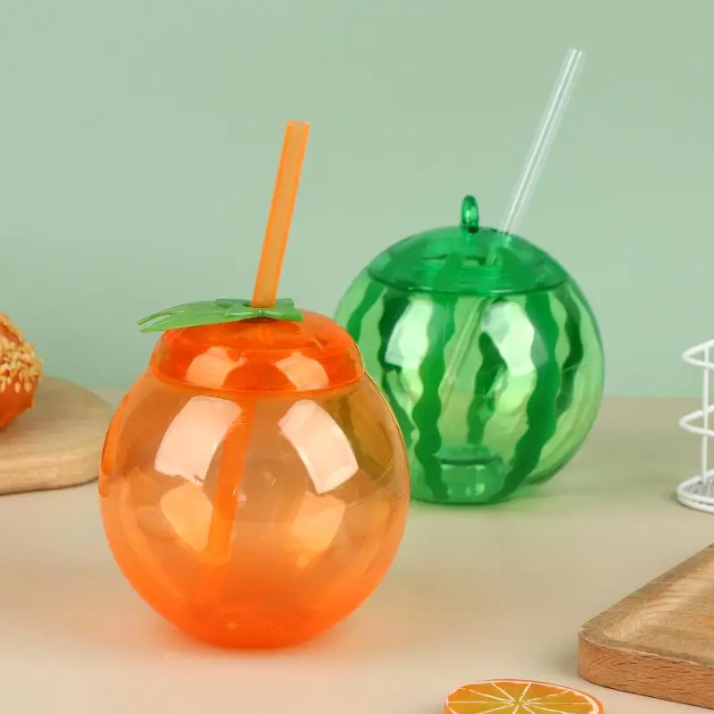 1/3Pcs For Summer Beach Party Home Use Beverage Cup Fruit Shaped Plastic Cup With Straw Cute Orange Watermelon Drinking Bottle