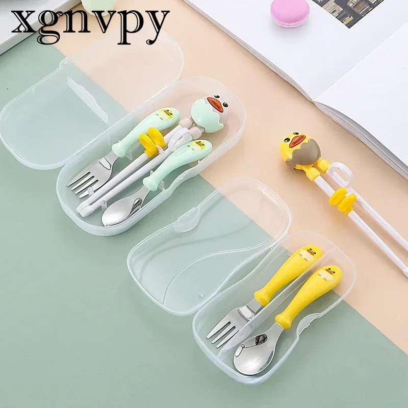 Xgnvpy-Chopsticks de aço inoxidável 304 infantil dos desenhos animados, comida bonito do bebê, colher, garfo, portátil, conjunto de 3 peças, treinamento, novo