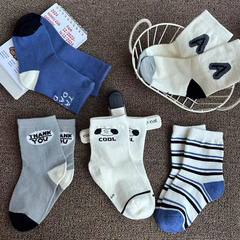 

Kids Cotton Solid Puppy Boys Socks 5 Pairs Letter Striped Funny Cute Casual Selected Fabric Sports Half Socks for Child Boys