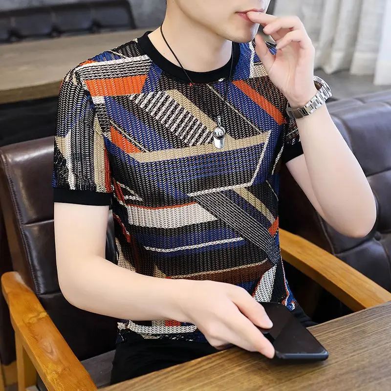 Vintage Printed Spliced Hollow Out Striped T-Shirt Men Clothing 2023 Summer New Oversized Casual Pullovers Top Sorean Tee Shirt