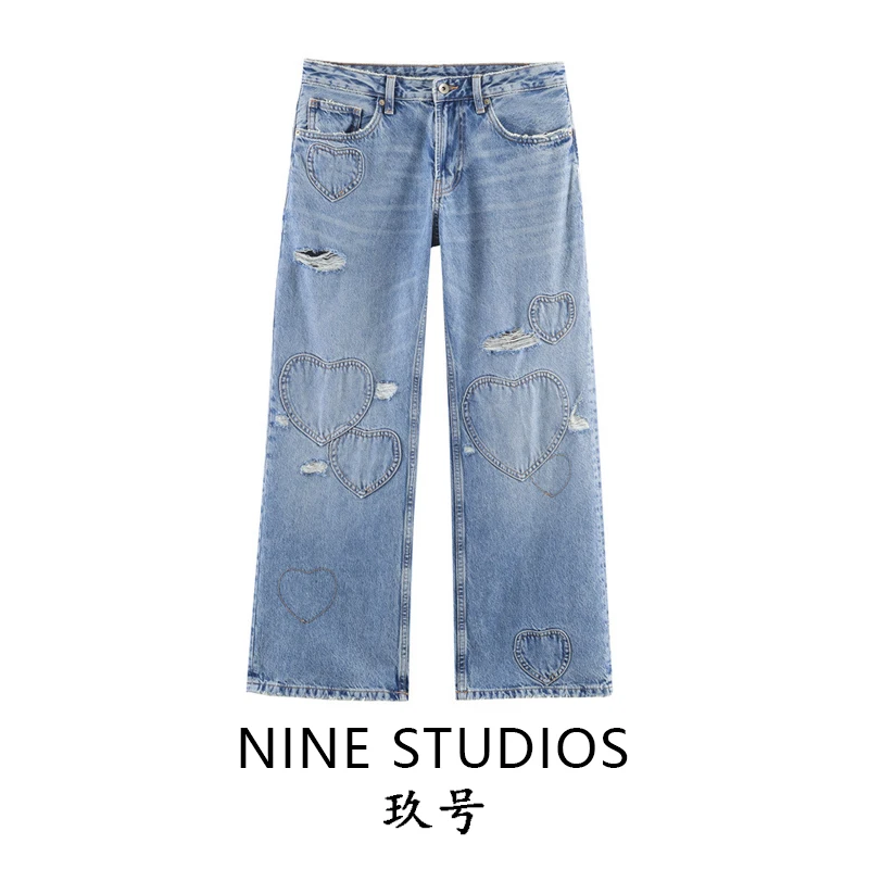 

Casual Loose Heart Shaped Hole Decoration Straight Leg Jeans Women's High Waist Cotton Denim Pants Spring Season Ladies