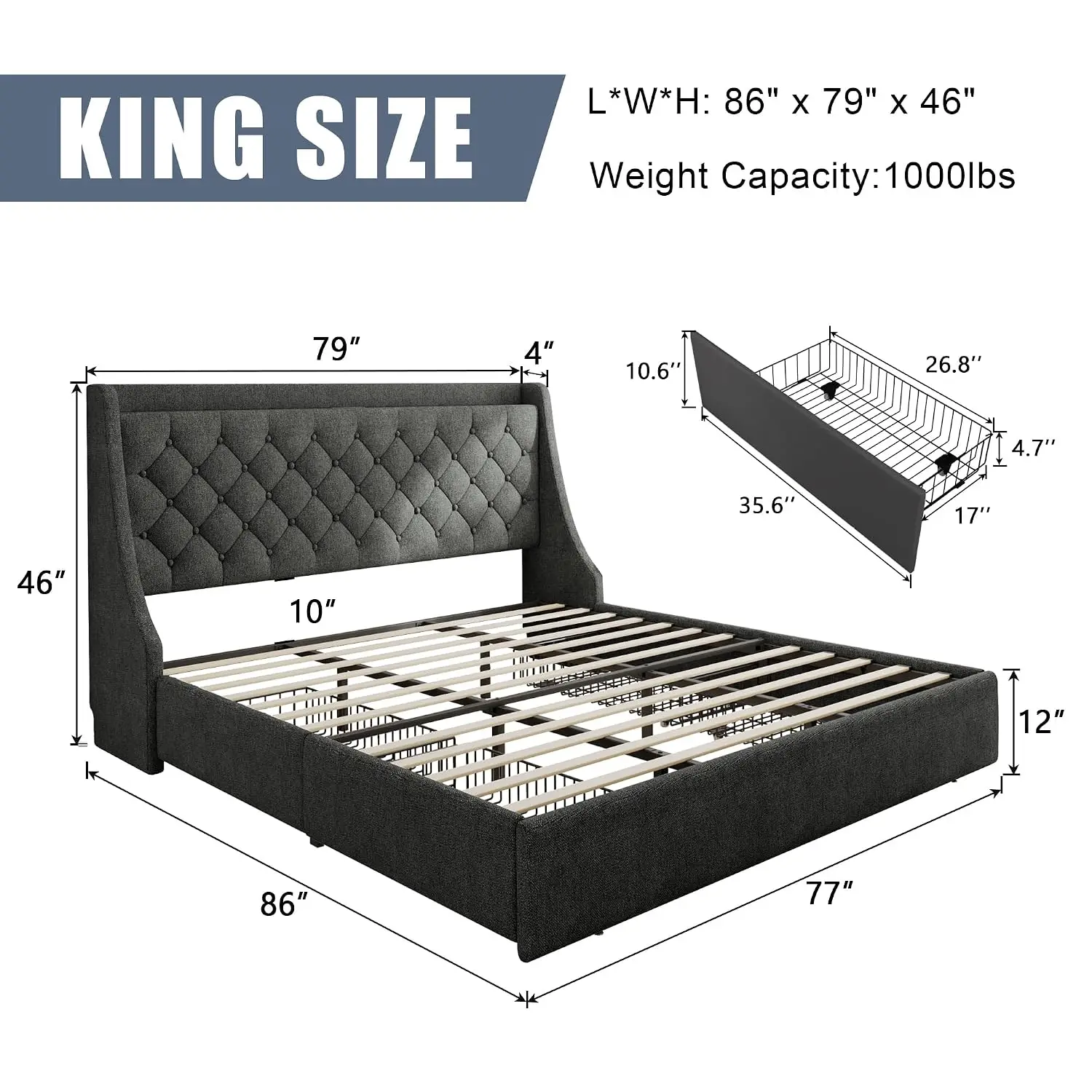 King Upholstered Bed with 4 Drawers & USB Charging, Tufted Wingback Headboard, Wooden Slats, No Box Spring, Grey, Customized