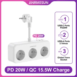 3840W EU Plug Power Strip with 2USB-A and Type-C Fast Charging Outlets Adapter Electrical Socket PD 20W 16A with Expansion Cable